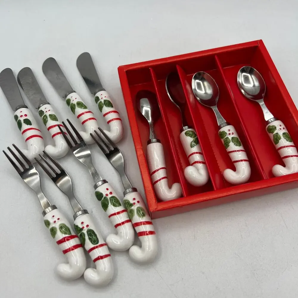 12 Vtg Ceramic Candy Cane Spreaders Appetizer Forks Spoons Condiments Stainless